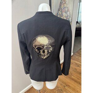 Hipchik Couture Black Crepe Blazer Jacket Gold Sequin Skull Back Size XS